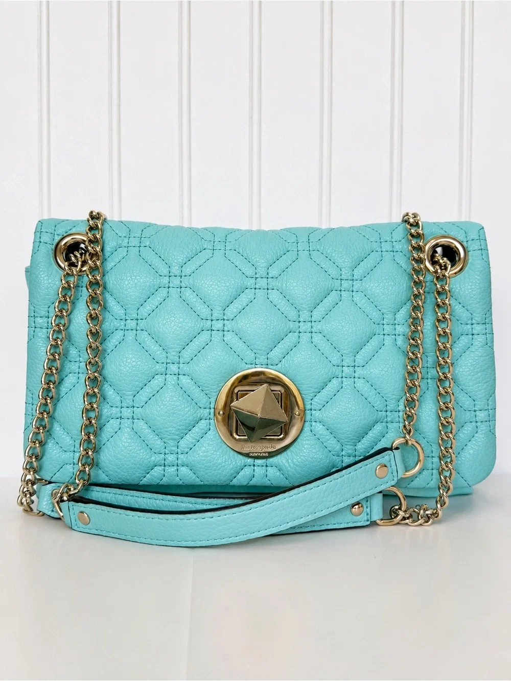 Kate Spade New York Blue Pebbled Leather Quilted Chain Shoulder Bag COA
